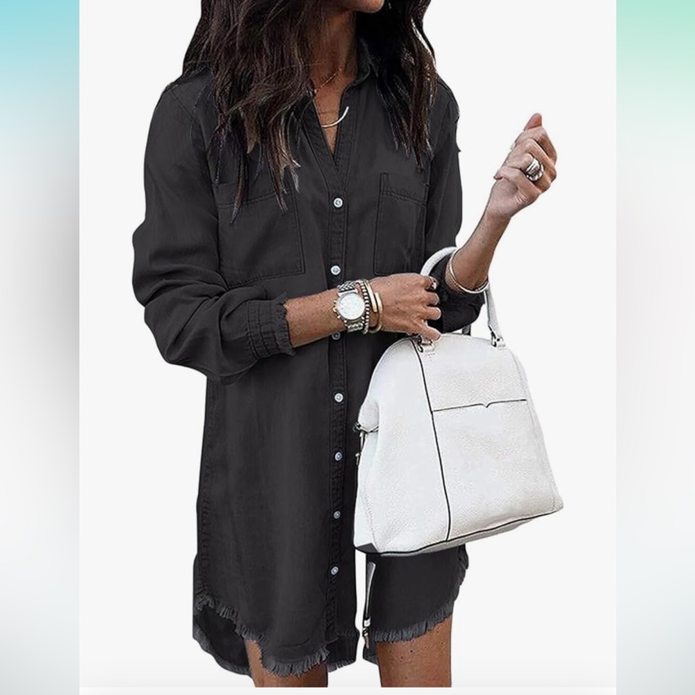 Zilcremo Women Denim Shirt Dresses Long Sleeve Distressed Jean Dress Button Down